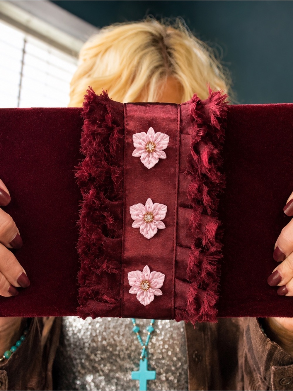 Shiraleah Burgundy Velvet Evening Clutch Purse Floral Embellished Satin Lined